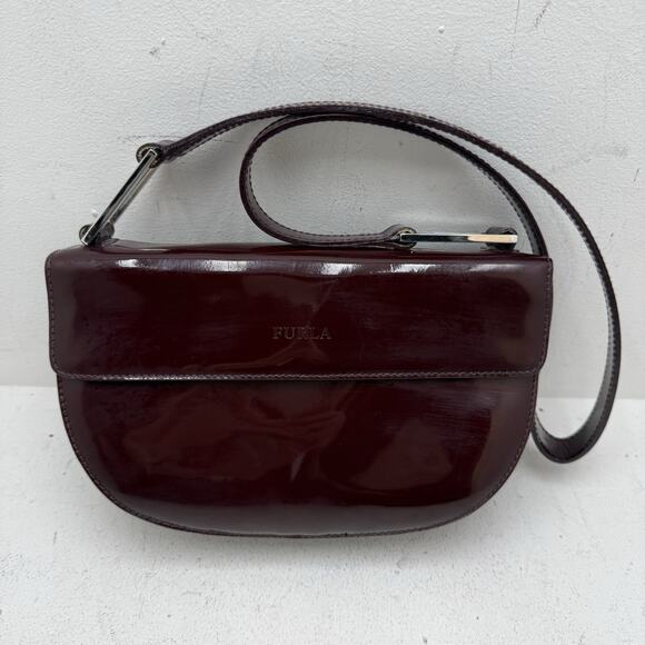 Vintage Furla Patent Leather Shoulder Bag Burgundy Red Purse Made in Italy - Picture 1 of 12